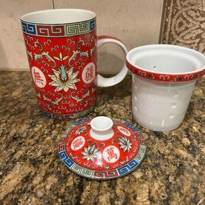 Red and White Ceramic Mug Set with Lid